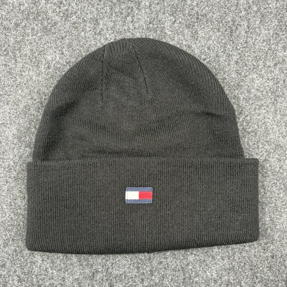 Tommy Hilfiger Flag Logo Knit Beanie Hat Dark Gray Black Ribbed Cuffed Winter